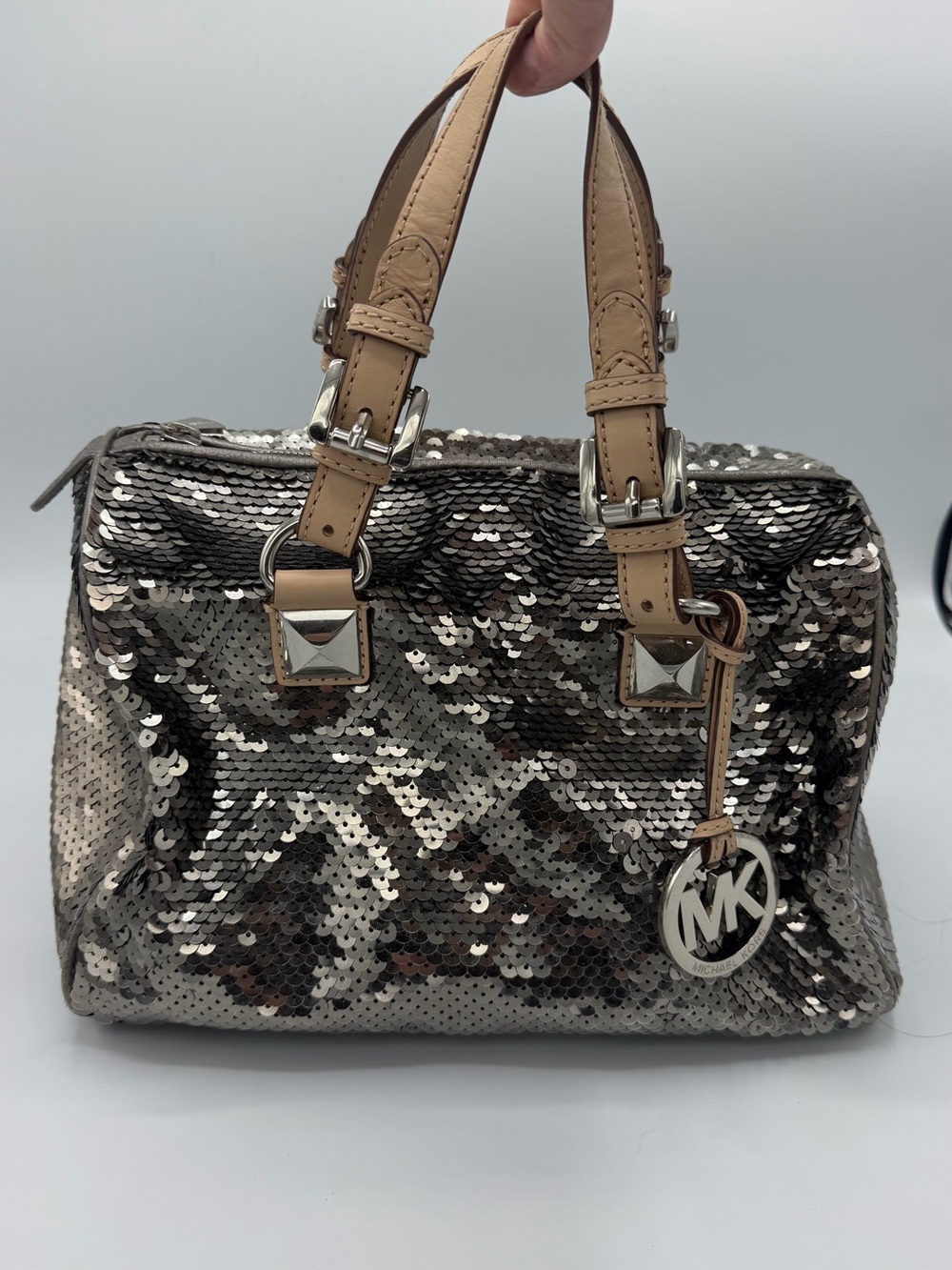 Michael Kors Grayson Sequin Satchel Gunmetal Silver Tan Leather MK Charm Bag